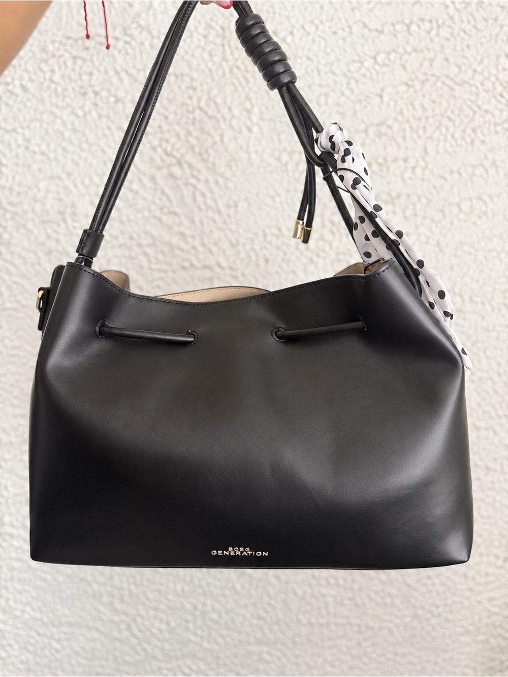 BCBGeneration Black Bucket Shoulder Bag with Polka Dot Scarf NWT
